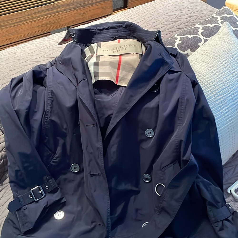 Burberry trench coat in navy.